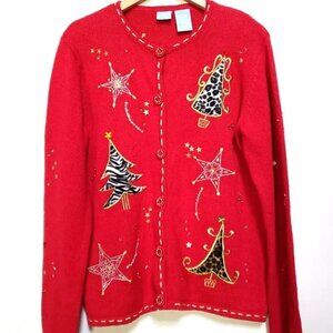 Holiday Editions Ugly Christmas Animal Print Tree Sweater Cardigan Women's Sz M